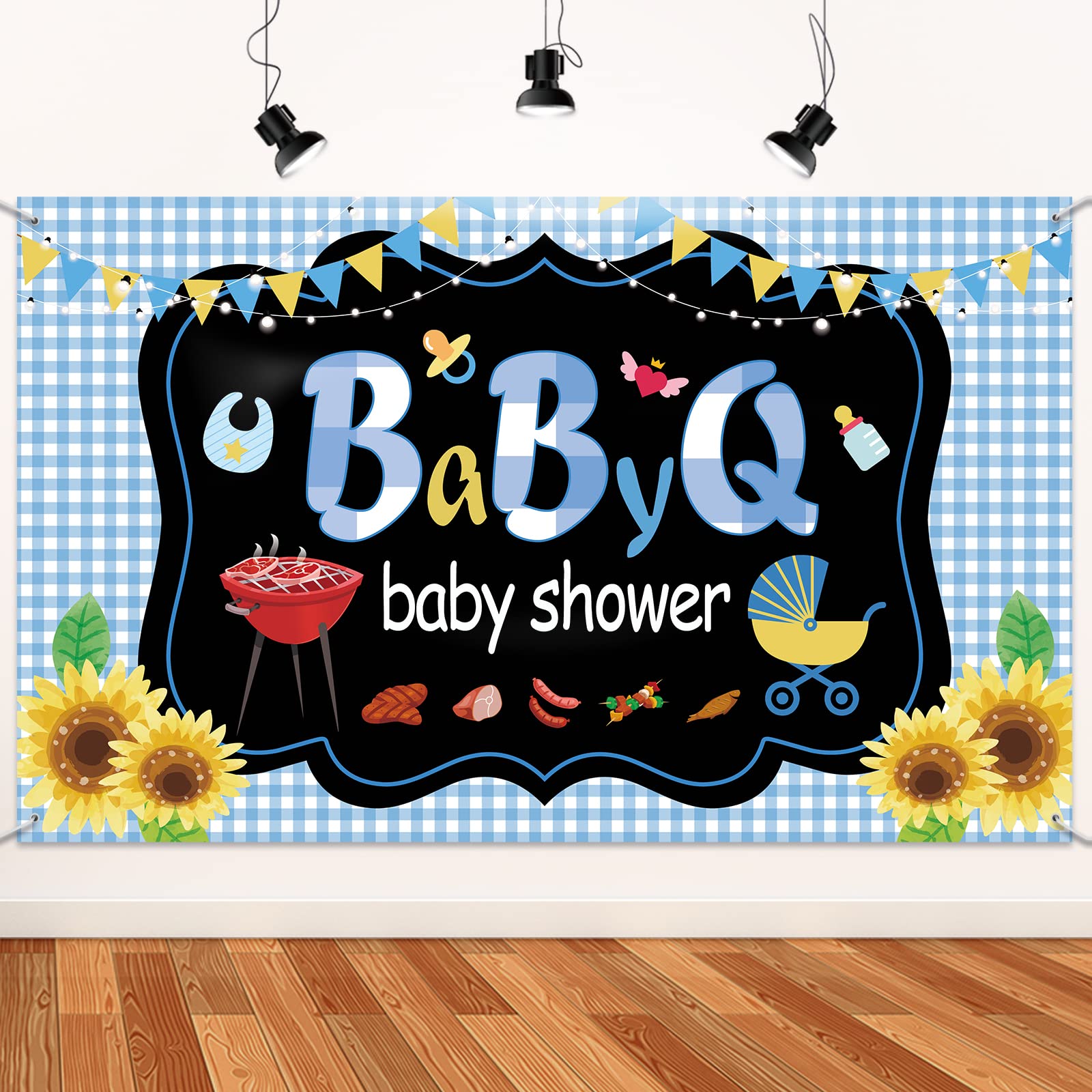 IPonfees Large Size BBQ Baby Shower Backdrop, 71x43 Inch Blue Vinyl Banner, Includes 236 Rope, Perfect for Baby Shower, Birthd